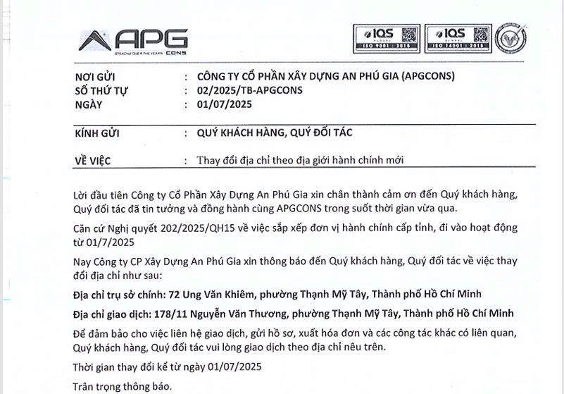 Notice on change of address due to new administrative boundaries
